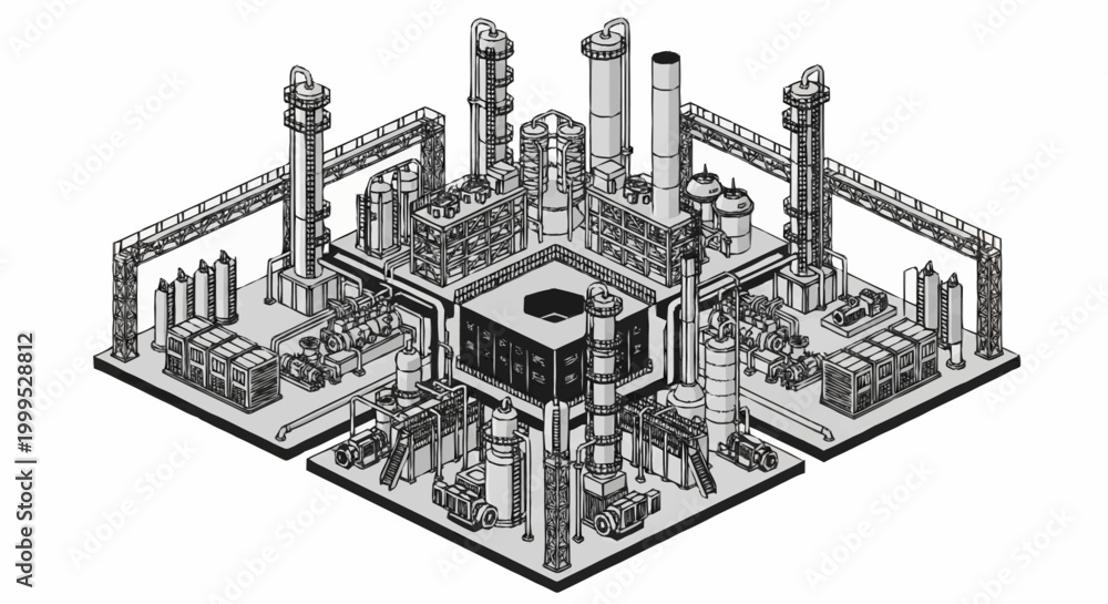 Fototapeta premium Isometric illustration of a complex industrial chemical plant with distillation towers and pipelines.