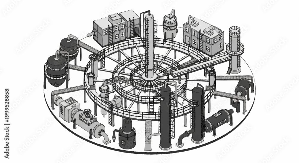 Obraz premium Diagram of a complex industrial chemical processing plant with multiple interconnected units and pipelines.