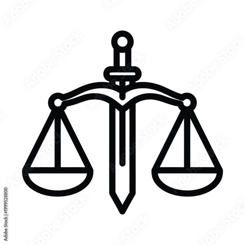 Justice scales and sword icon vector, black line art law symbol for legal services, judicial system emblem with balance and blade, minimalist court logo for attorney branding