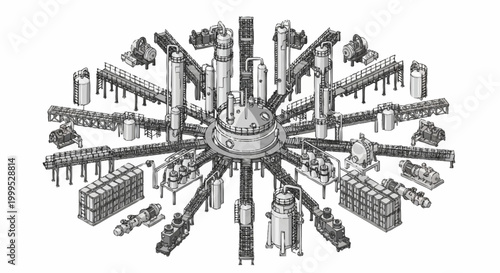 Conceptual illustration of a complex industrial facility with multiple interconnected modules and pipelines, suggesting advanced manufacturing or energy production.