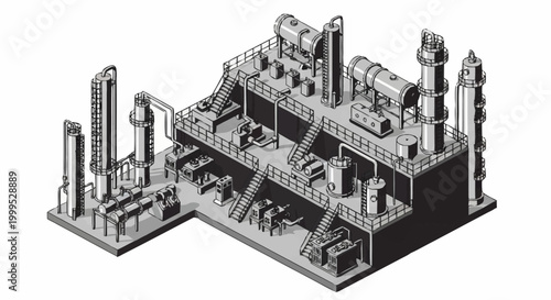 Tableau sur toile Industrial plant with complex machinery and distillation towers, isometric view