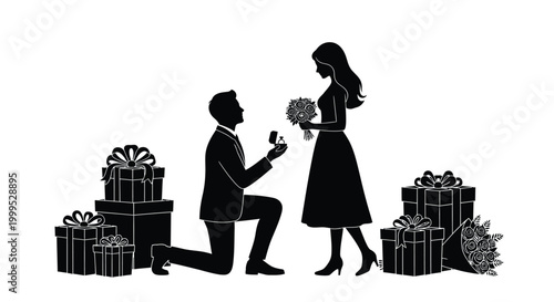Couple proposing with gifts and flowers black silhouette high quality professional