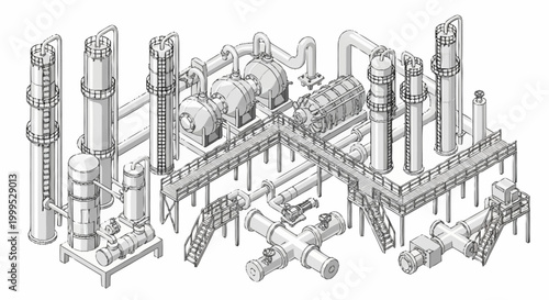 Industrial plant complex with distillation columns, pipes, and machinery, rendered in a technical drawing style.