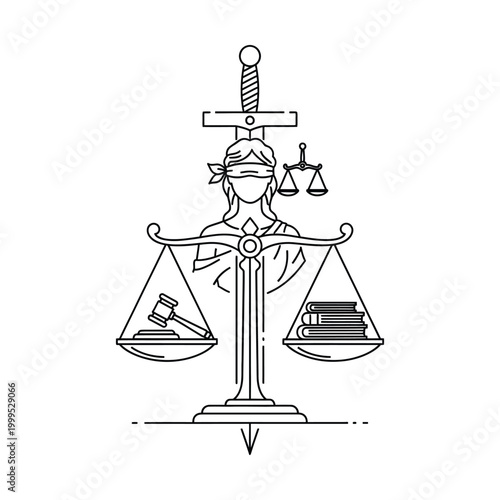 Lady Justice line art vector illustration, blindfolded goddess with scales and sword, legal system concept with judge gavel and law books, minimalist judicial symbol for lawyers