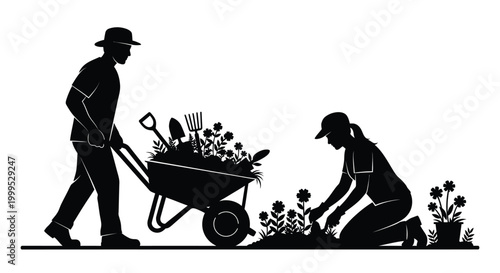 Gardening couple with wheelbarrow and flowers black silhouette high quality professional