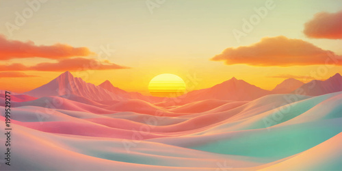 Tableau sur toile A surreal desert landscape at sunset, with undulating dunes in pastel hues of pink, teal, and gold, under a sky painted with vibrant orange and coral clouds