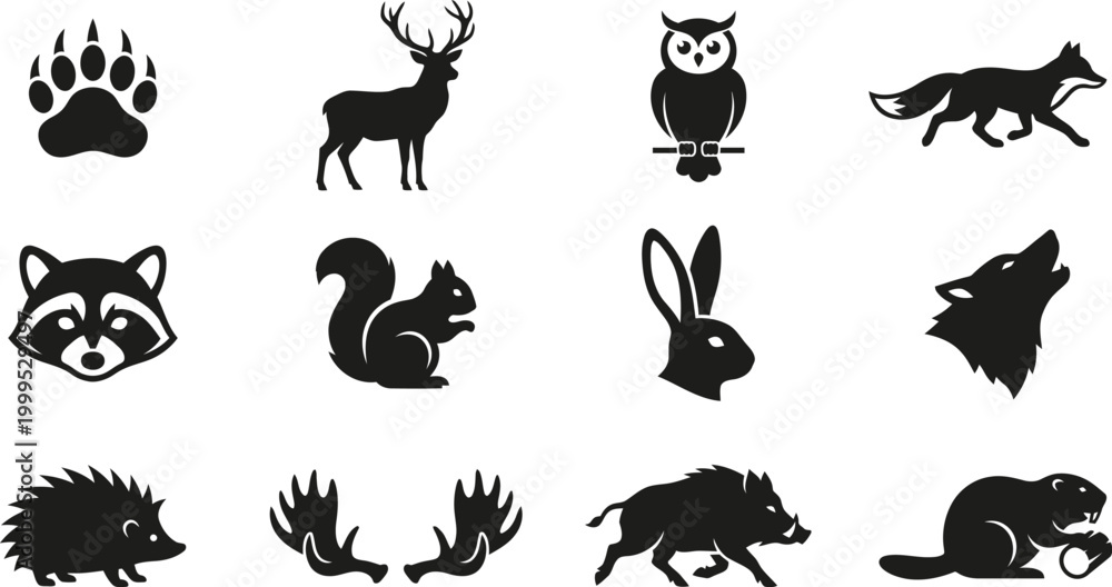 Obraz premium Wildlife icons, animal silhouettes, black vector set, 12 forest creatures