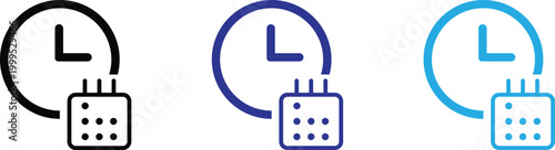 Vector icons of clocks and calendars in black, blue, and light blue colors