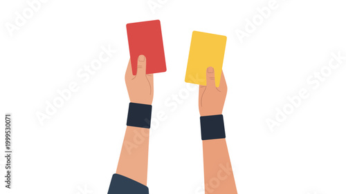 Referee hands holding up red and yellow soccer cards with football competition violation judgment decision