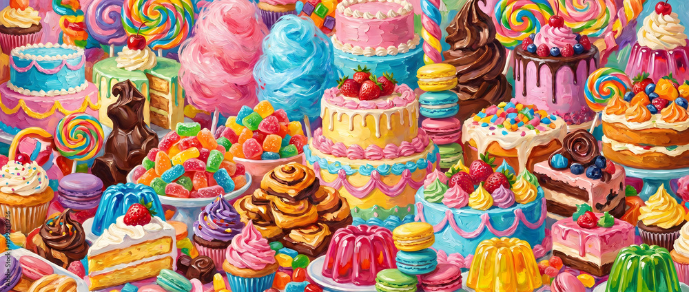 Fototapeta premium Colorful candy and cake dessert illustration collection with vibrant sweets and layered pastries