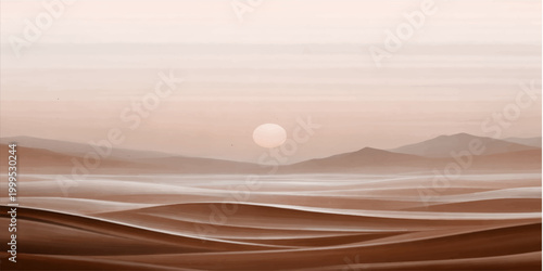Canvastavla Vast, rolling sand dunes stretch towards a hazy horizon under a muted sun, creating a serene and desolate desert landscape