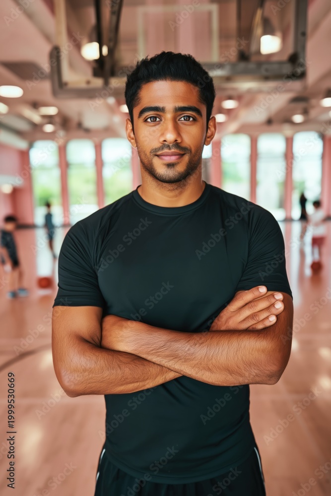 Fototapeta premium Male athlete posing with arms crossed in gymnasium interior