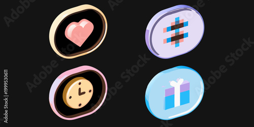 Colorful capsule icons with heart gift clock and pixel designs