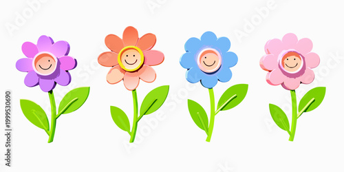 Four cheerful anthropomorphic flowers colorful vector illustration