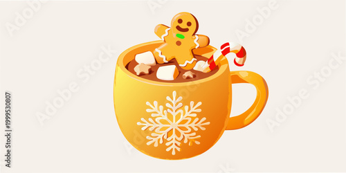 Hot cocoa mug with marshmallows gingerbread man and candy cane