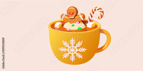 Hot cocoa mug with marshmallows and gingerbread man illustration
