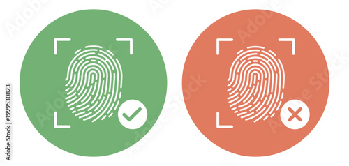Green accepted fingerprint with checkmark and red rejected fingerprint with X, biometric security authentication concept, access control verification symbols, vector illustration.