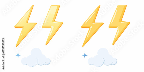 Yellow lightning bolt icons with white clouds flat vector illustration