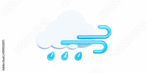 Weather icon 3d cloud with wind and raindrops on white background
