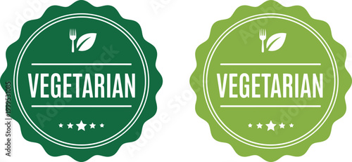 Green vegetarian label badges with leaf icons for healthy food packaging and restaurant menus