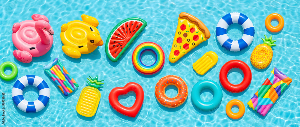 Naklejka premium Colorful inflatable pool toys floating on clear blue water surface