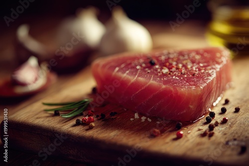 Seared tuna steak presentation on wood