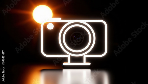 A digital camera icon is illuminated against a dark background, with a bright light source creating a striking contrast. This camera design highlights the importance of photography equipment.