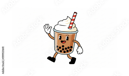 Happy boba tea mascot character walking and waving with whipped cream topping and straw vector