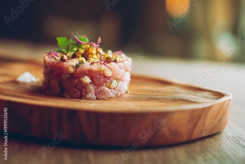 Gourmet tuna tartare appetizer with copy space