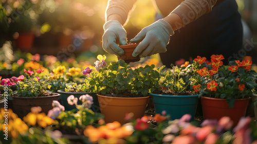 A gardener wearing gloves carefully pots a small plant into a colorful ceramic container surrounded by vibrant flowering plants in assorted pots under warm sunlight with dynamic hands and