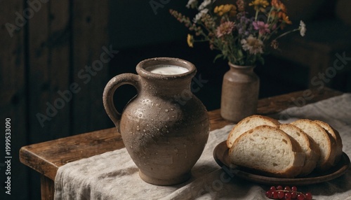 Dark cozy Ukrainian home scene with a traditional clay jug, sliced bread, and wildflowers on a rustic wooden table