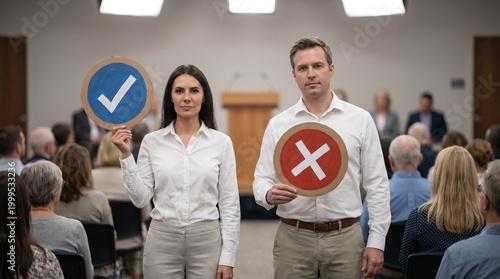 Business presenters stand before a conference audience holding large yes and no signs during a formal decision making session in a meeting hall with attentive participants seated behind them.