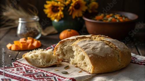 Macro close-up of freshly baked homemade bread with a fluffy interior, set against a dark rustic background