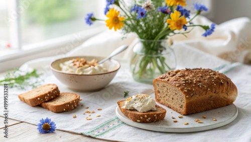 Bright airy food scene with sliced homemade seeded bread and blue wildflowers on a light table setting