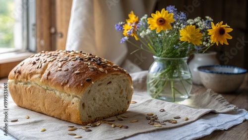Freshly baked homemade rustic loaf bread styled with yellow and blue wildflowers on a natural linen cloth