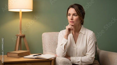 Businesswoman in a white blazer sits thoughtfully at a desk beside a glowing lamp in a minimalist office, creating a calm professional workspace with subtle residential styling.