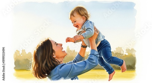 Mother Joyfully Holding Baby Up in Air on Sunny Day Artwork