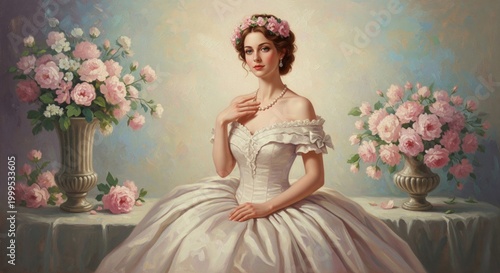 Elegant Woman in White Dress with Floral Crown and Pink Roses
