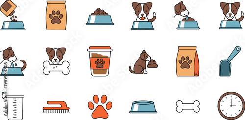 Set of dog food and pet care icons flat vector collection for animal feeding and grooming