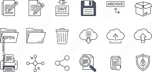 Set of file storage and document management icons flat vector collection for office and web design