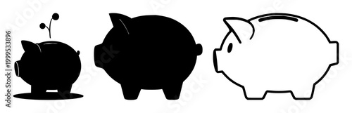 Digital piggy bank icon set with a solid black icon on white background featuring piggy bank, digital, finance with simple, minimalist, monochrome and savings