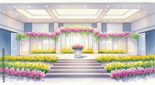 Grand Hall Stage Decorated with Flowers and Stairs in Watercolor