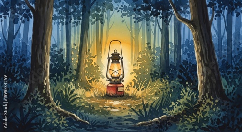 Glowing Lantern Illuminates Forest at Night Pixel Art Style