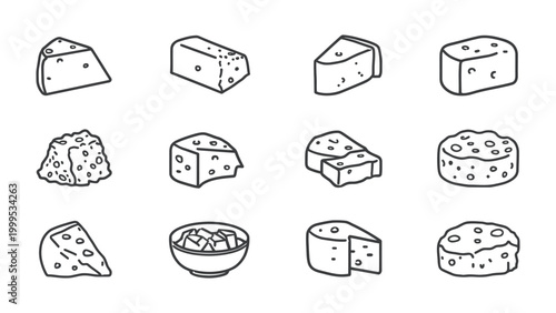 A Cheese Selection in Various Styles: A detailed illustration showcasing a curated selection of cheese, presented in different shapes and styles.