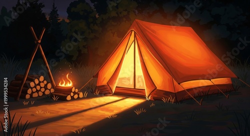 Illuminated Camping Tent with Firewood Stack at Night Under Dark Sky