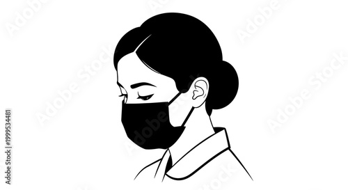 Black and white illustration of woman wearing face mask, protective mask, health safety, vector icon