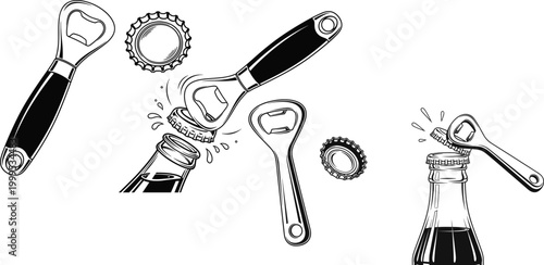 Bottle Opener Tool Illustration Set Featuring Handheld Cap Opener and Opening Action Sequence for Kitchen, Bar, and Beverage Accessory Design Concepts
