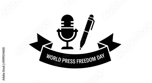 World Press Freedom Day, journalism symbols, microphone and pen, freedom of speech icons, black vector graphics