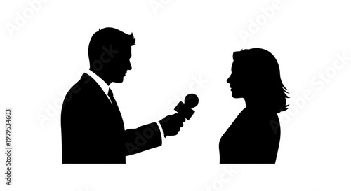 Business interview, journalist and source, press conference, microphone silhouette, news reporting