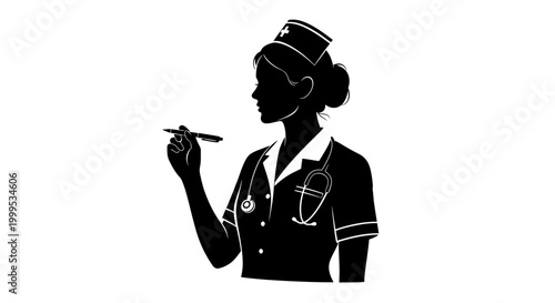 Nurse, medical professional, healthcare worker, silhouette icon, black and white